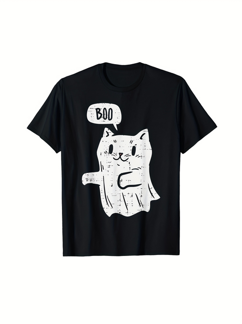 Men's Graphic T-Shirt Boo Playful Ghost Cat Under Spooky Halloween Night