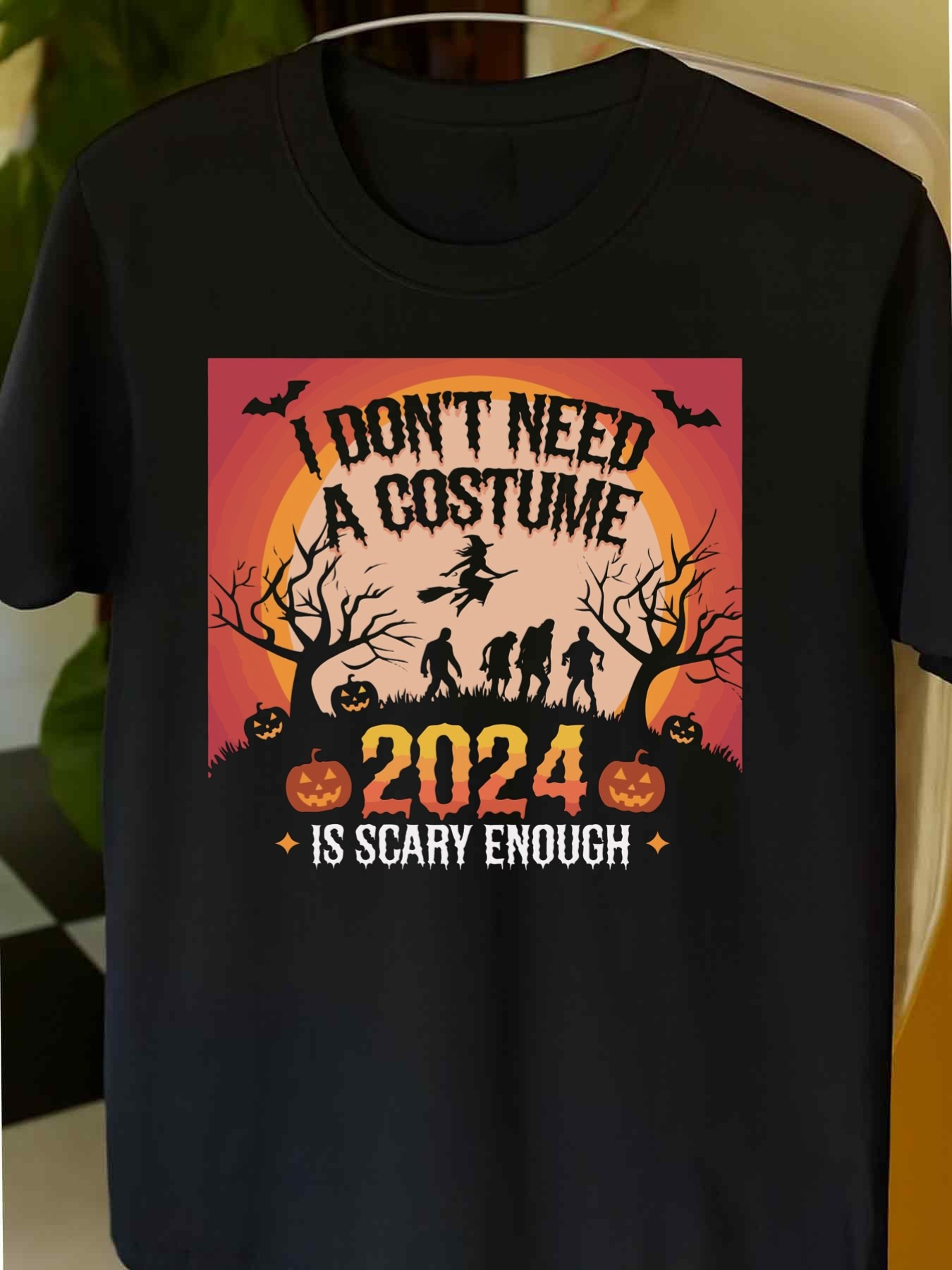 Men's Graphic T-Shirt I Dont Need A Costume 2024 Is Scary Enough With Halloween Pumpkins And Spooky Silhouettes Under Moonlight