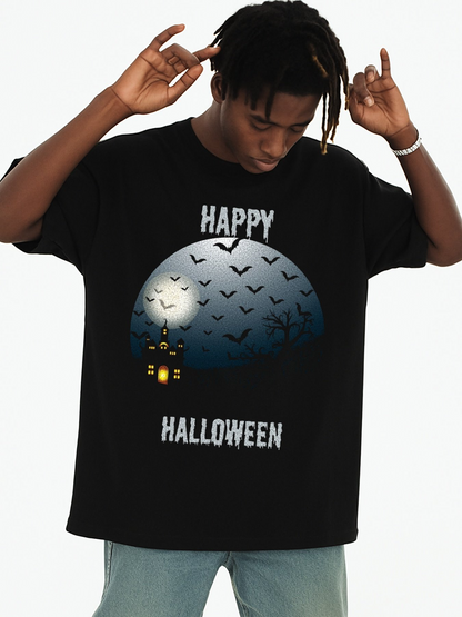 Men's Graphic T-Shirt Happy Halloween Haunted Night Scene With Bats Full Moon Spooky House