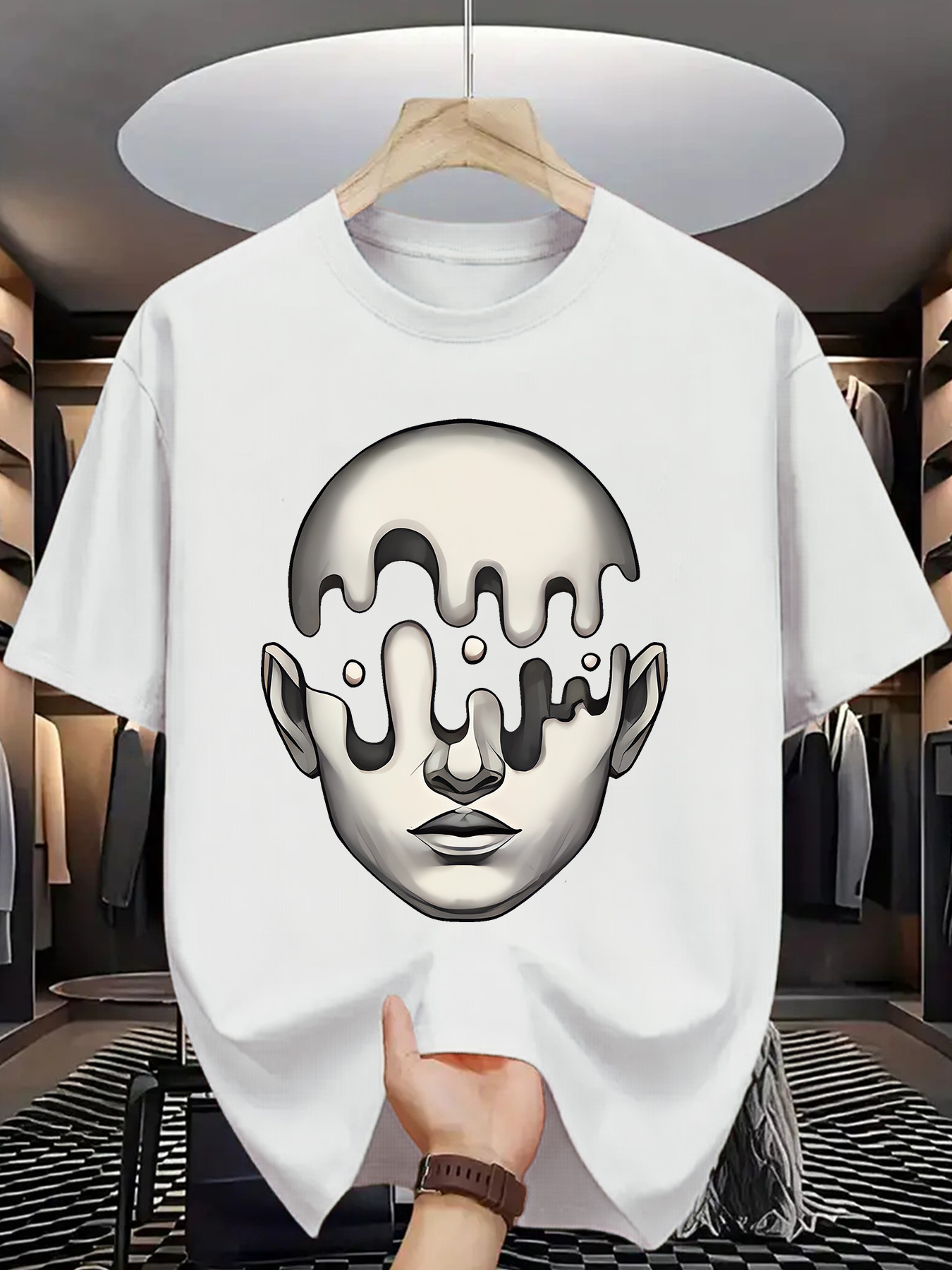 Men's Graphic T-Shirt Surreal Melting Metallic Face Dripping Liquid Under Soft Lights Head