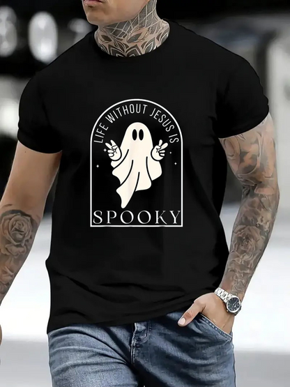 Men's Graphic T-Shirt Life Without Jesus Is Spooky With Playful Ghost Illustration