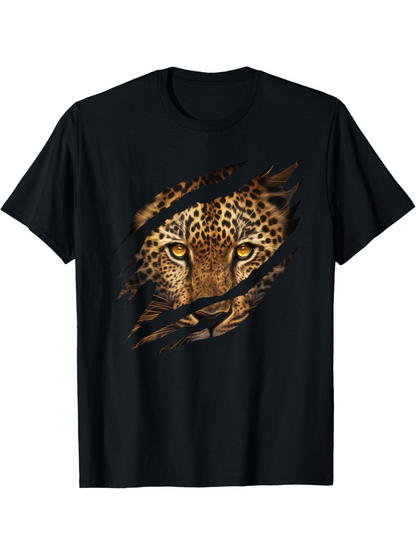 Men's Graphic T-Shirt Intense Wild Eyes Peering Fiercely Through Torn Black Fabric Leopard