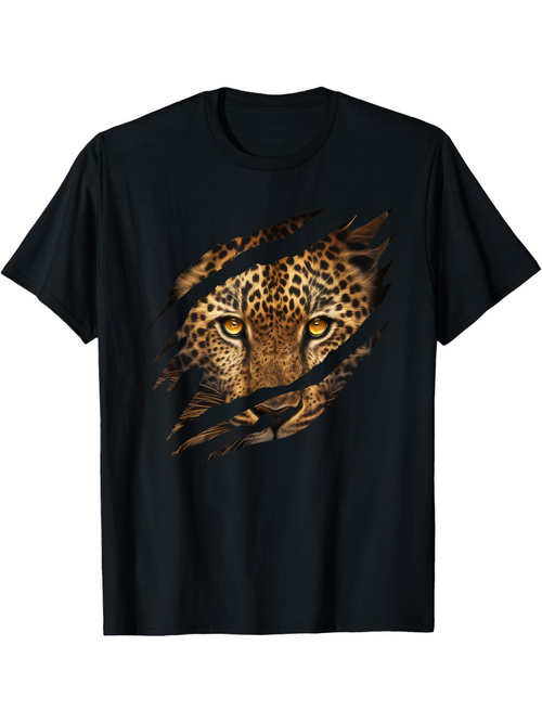 Men's Graphic T-Shirt Intense Wild Eyes Peering Fiercely Through Torn Black Fabric Leopard
