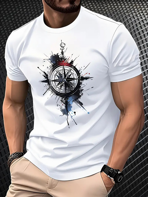 Men's Graphic T-Shirt Artistic Ink Splash With Compass Rose In White T Shirt