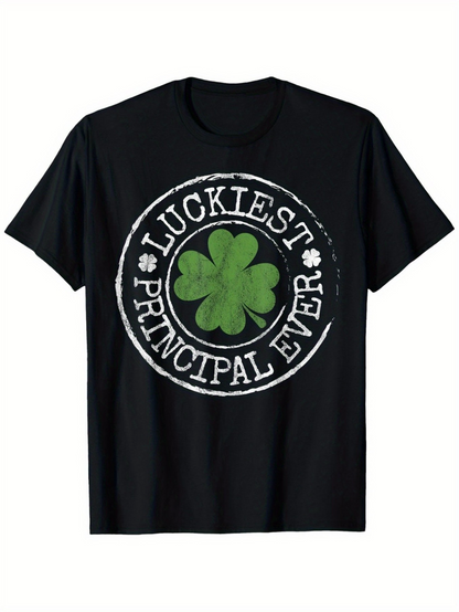 Men's Graphic T-Shirt Luckiest Principal Ever Grunge Style Clover Surrounded By Chalk Effect Circle