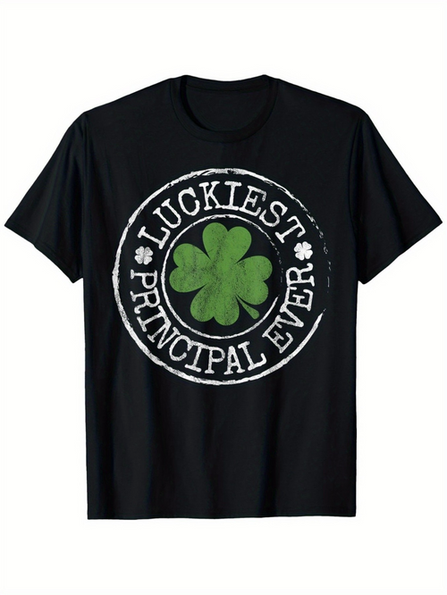 Men's Graphic T-Shirt Luckiest Principal Ever Grunge Style Clover Surrounded By Chalk Effect Circle