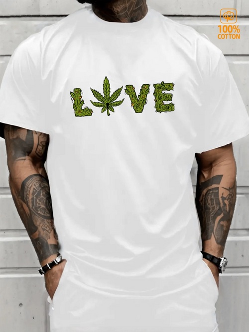 Men's Graphic T-Shirt Love Green Cannabis Leaf Nature Inspired Design