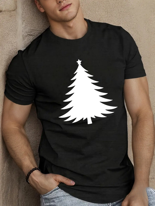 Men's Graphic T-Shirt Winter Evergreens With Crisp Pine Silhouette On Black Christmas Tree