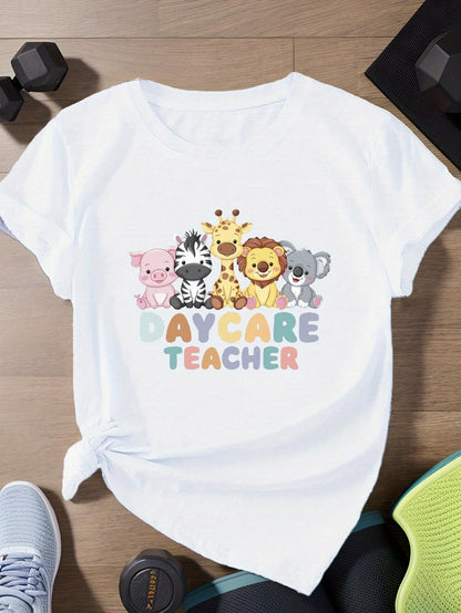Women's Graphic T-Shirt Daycare Teacher Playful Cartoon Animals Among Pastel Colorful Letters T Shirt