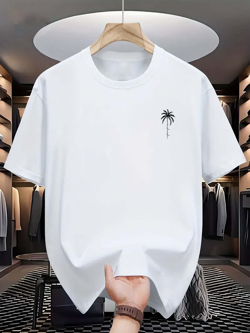 Men's Graphic T-Shirt Minimal Black Palm Silhouette Among Bright White Cotton Fabric T Shirt