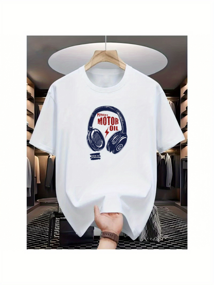 Men's Graphic T-Shirt Urban Sound With Headphones And Red Electric Shaped Print Design