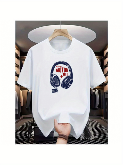 Men's Graphic T-Shirt Urban Sound With Headphones And Red Electric Shaped Print Design