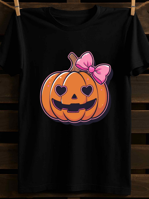 Men's Graphic T-Shirt Smiling Pumpkin With Pink Bow Heart Eyes Under Soft Lighting Pumpkin