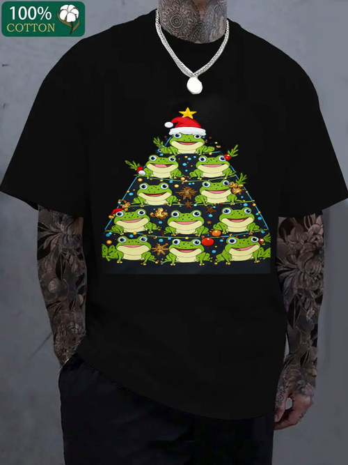 Men's Graphic T-Shirt Holiday Lights On Christmas Tree With Festive Frogs Wearing Santa Hats