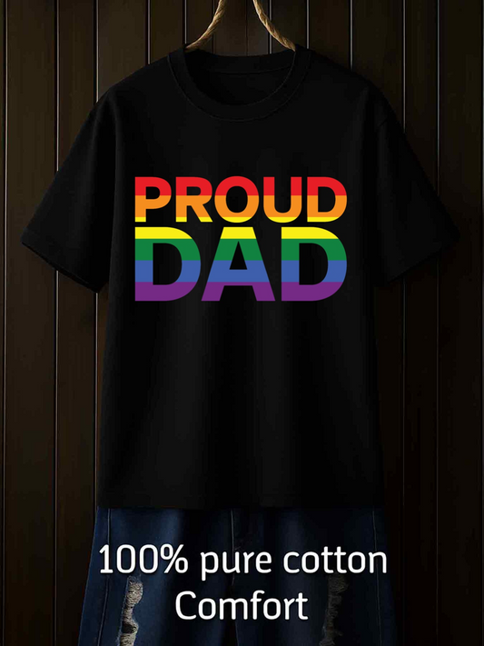 Men's Graphic T-Shirt Proud Dad Rainbow Colored Bold Typography With Black Cotton T Shirt