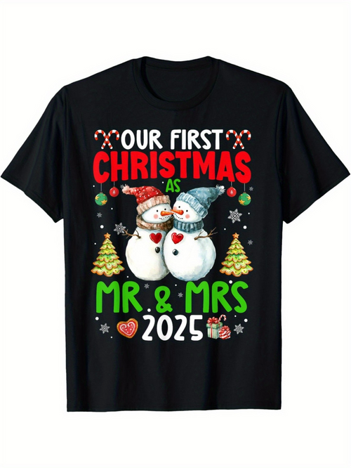 Men's Graphic T-Shirt Our First Christmas As Mr And Mrs 2025 Snowman Trees