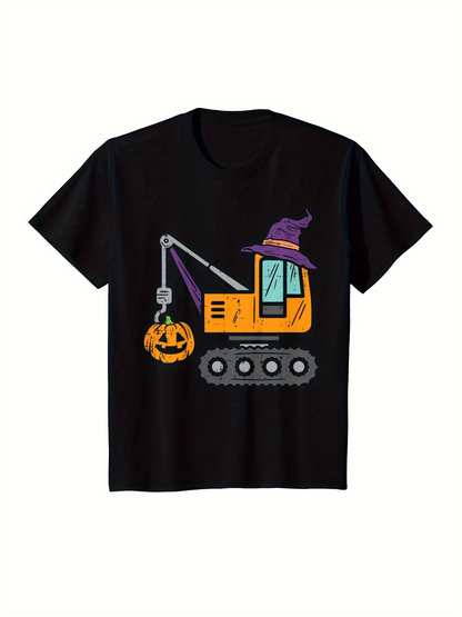 Men's Graphic T-Shirt Halloween Witch Hat On Excavator With Pumpkin Ball Design