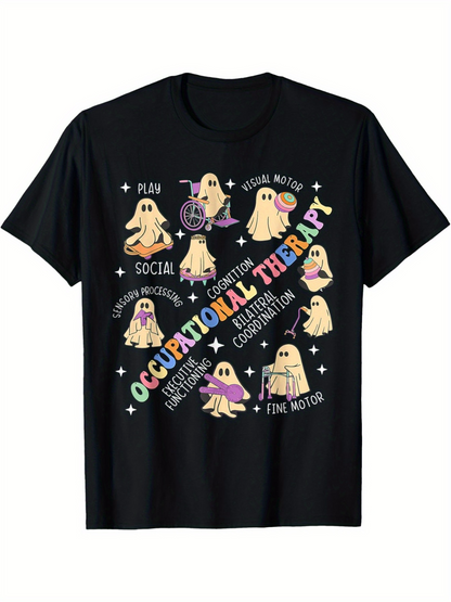 Men's Graphic T-Shirt Occupational Therapy Colorful Lettering Ghosts With Stars And Therapy Tools