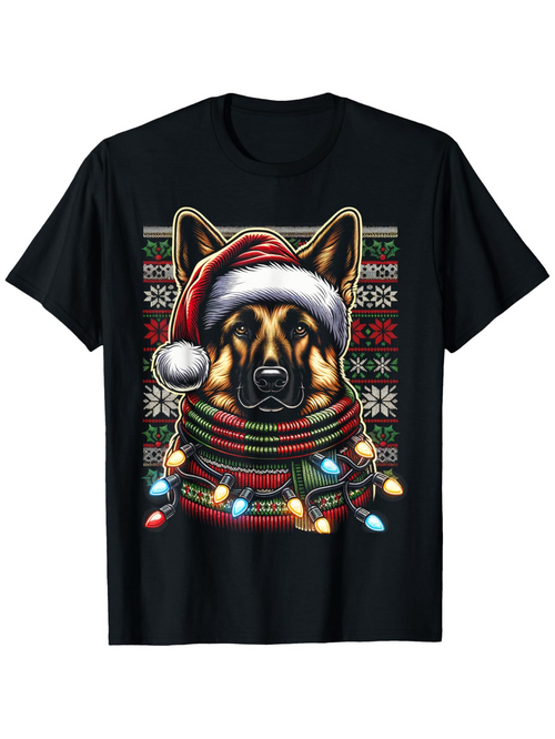 Men's Graphic T-Shirt Festive Christmas Lights With Santa Hat Wearing German Shepherd