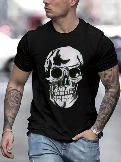 Men's Graphic T-Shirt Monochrome Shadowed Reflections Emphasizing Metallic Texture Skull