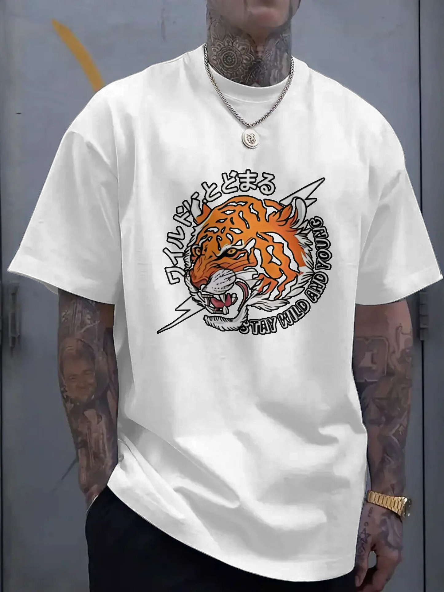 Men's Graphic T-Shirt Lightning Surrounded By Roaring Fierce Tiger With Dynamic Electric Energy Tiger