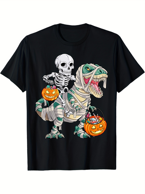Men's Graphic T-Shirt Halloween Skeleton Carrying Pumpkin Buckets Riding Wrapped Mummy T Rex
