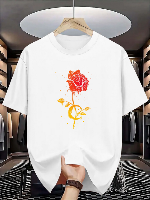 Men's Graphic T-Shirt Abstract Orange Yellow Artistic Rose With Delicate Branch Design Flower
