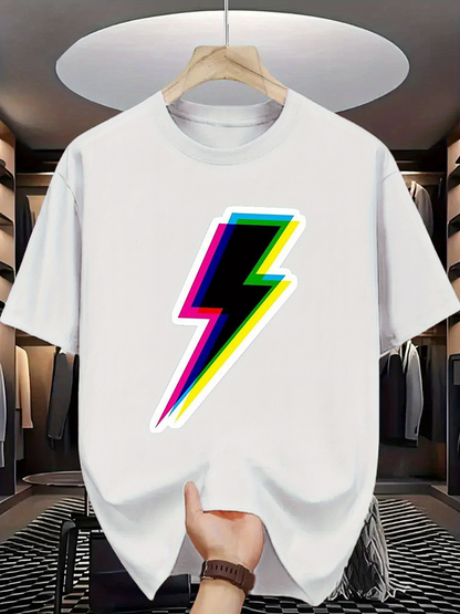 Men's Graphic T-Shirt Colorful Rainbow Neon Edged Lightning Bolt Graphic Lightning Bolt