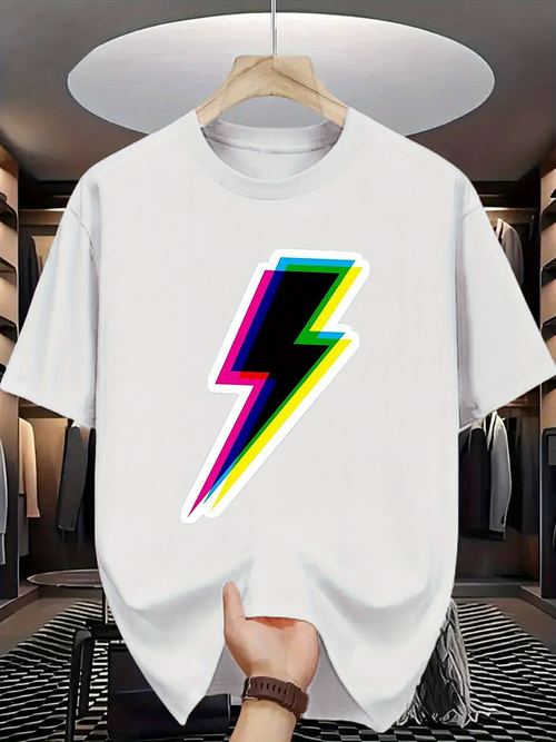Men's Graphic T-Shirt Colorful Rainbow Neon Edged Lightning Bolt Graphic Lightning Bolt