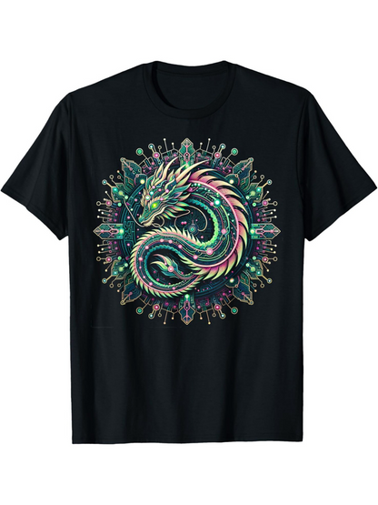 Men's Graphic T-Shirt Vibrant Mandala Glow Surrounds A Mystical Coiled Serpentine Dragon