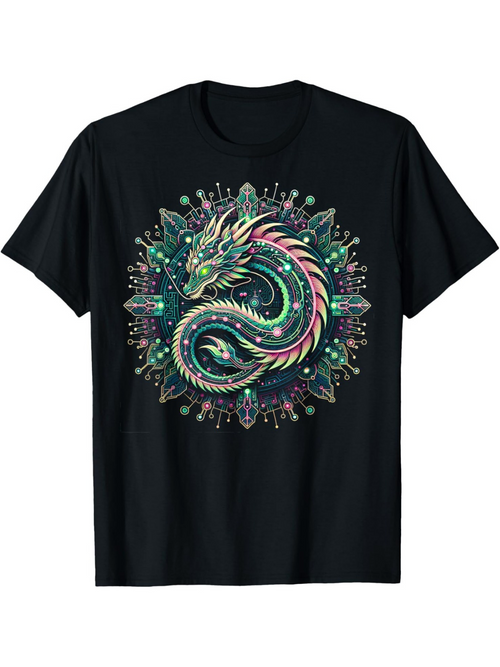 Men's Graphic T-Shirt Vibrant Mandala Glow Surrounds A Mystical Coiled Serpentine Dragon