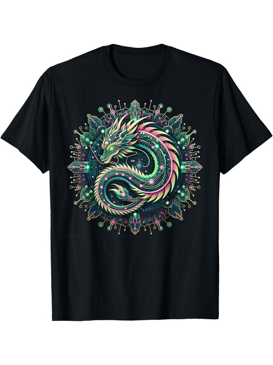 Men's Graphic T-Shirt Vibrant Mandala Glow Surrounds A Mystical Coiled Serpentine Dragon