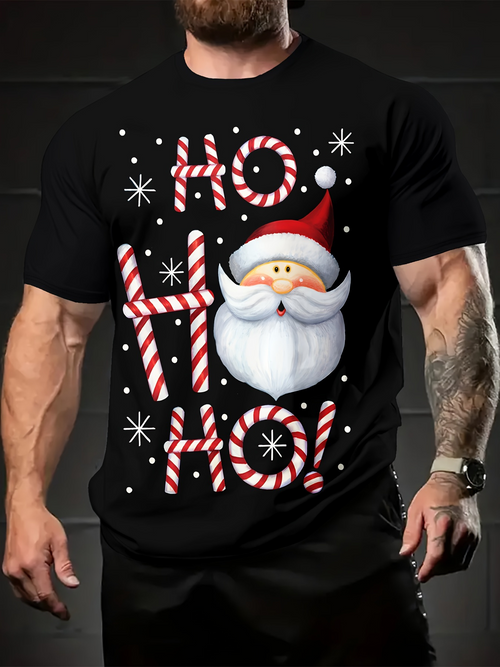 Men's Graphic T-Shirt Ho Ho Ho With Festive Candy Cane Letters And Smiling Santa Claus