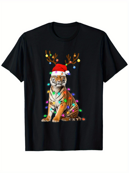 Men's Graphic T-Shirt Festive Lights Wrapping A Tiger Wearing Santa Hat And Antlers