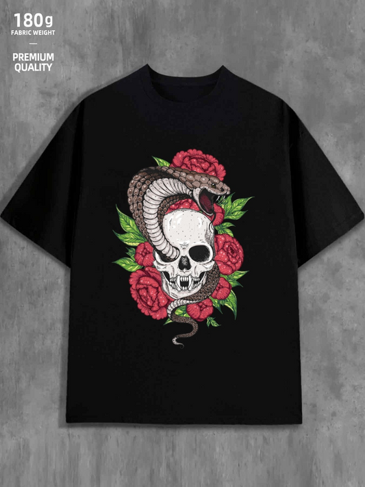 Men's Graphic T-Shirt Mystic Roses With Coiling Serpent Around Skull
