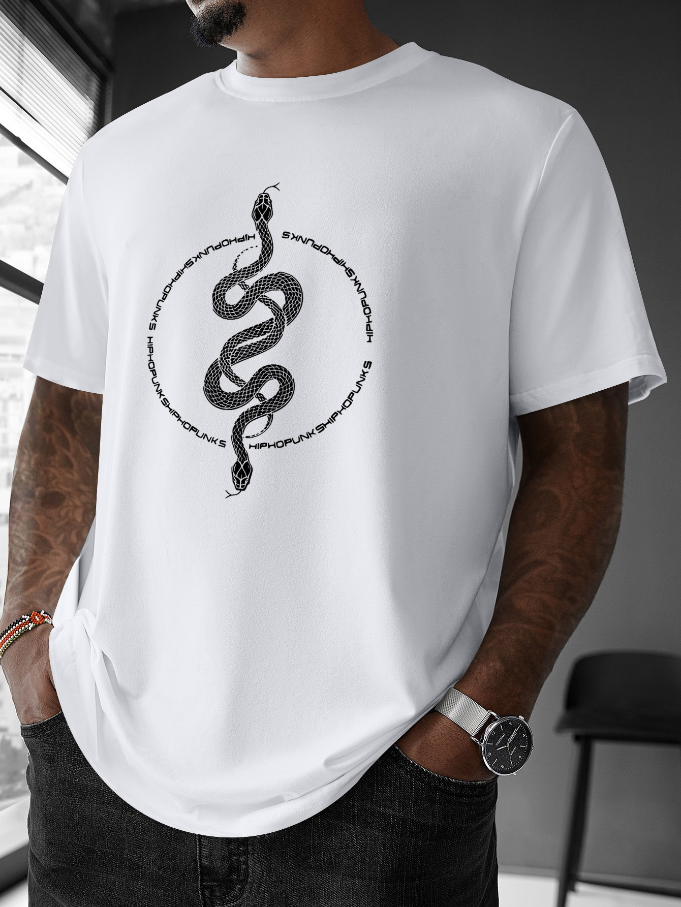 Men's Graphic T-Shirt Coiled Black Snake With Circular Barbed Wire Surrounded By White Space Snake