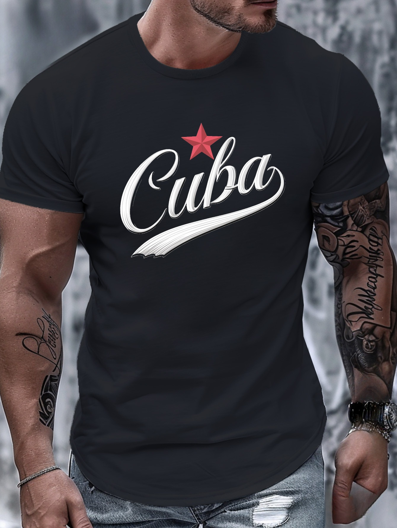 Men's Graphic T-Shirt Cuba With Red Star And Elegant Lettering Script Design