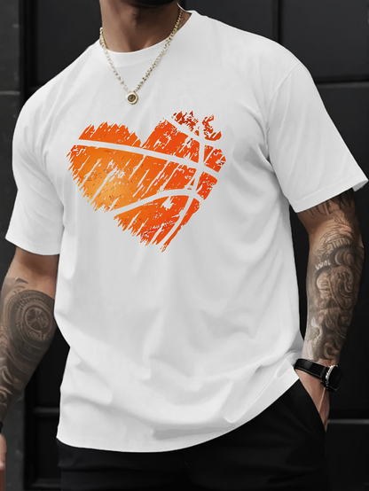 Men's Graphic T-Shirt Orange Basketball Court Patterned Heart Shape With Distressed Brush Strokes