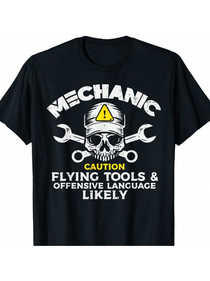 Men's Graphic T-Shirt Caution Warning Helmet With Wrenches And Skull Mechanic
