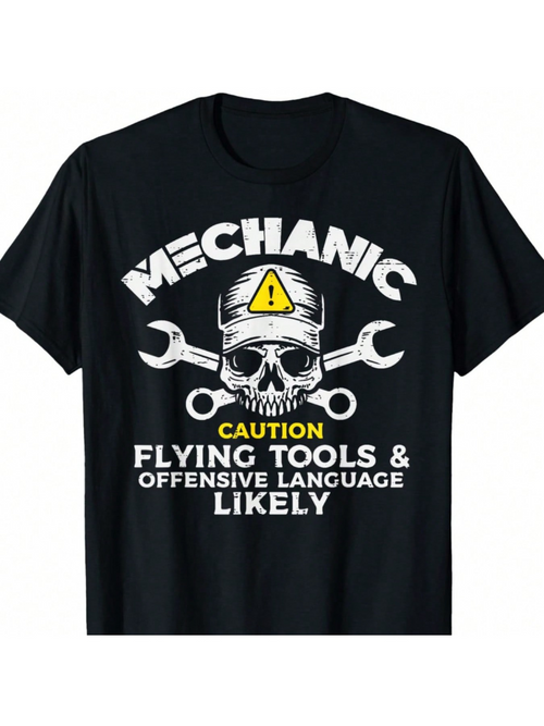 Men's Graphic T-Shirt Caution Warning Helmet With Wrenches And Skull Mechanic