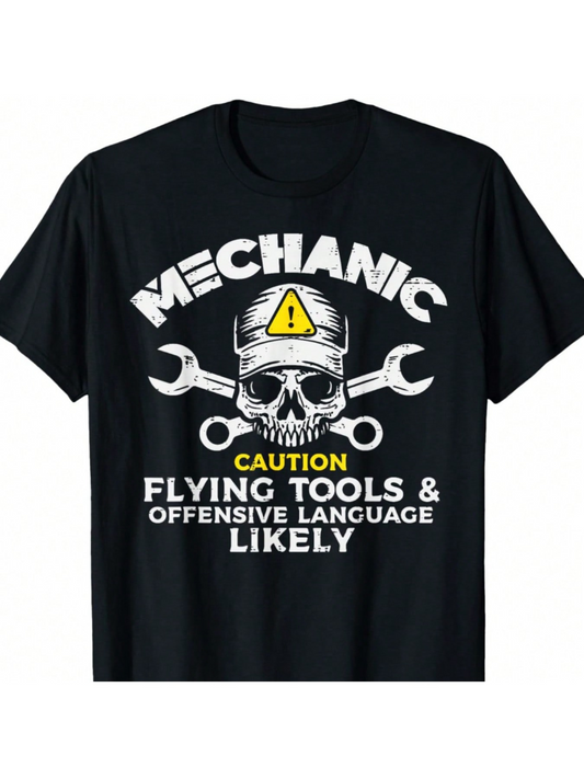 Men's Graphic T-Shirt Caution Warning Helmet With Wrenches And Skull Mechanic