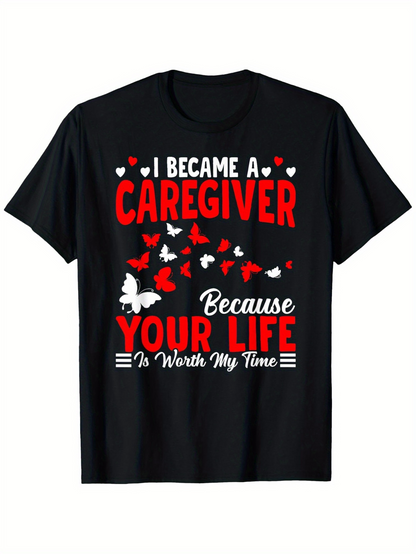 Men's Graphic T-Shirt I Became A Caregiver With Butterflies And Hearts On A Black T Shirt