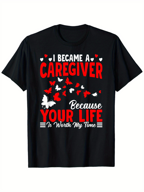 Men's Graphic T-Shirt I Became A Caregiver With Butterflies And Hearts On A Black T Shirt