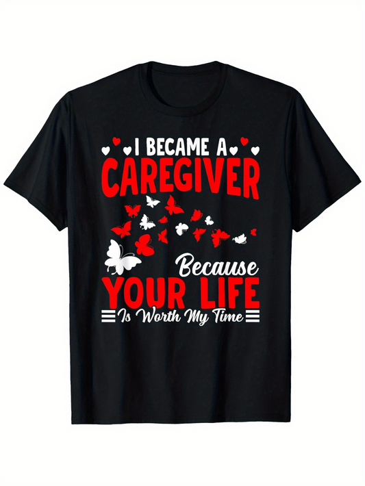 Men's Graphic T-Shirt I Became A Caregiver With Butterflies And Hearts On A Black T Shirt