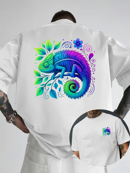Men's Graphic T-Shirt Vivid Tropical Leaves Under Swirling Bright Watercolor Chameleon