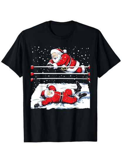 Men's Graphic T-Shirt Snowy Wrestling Match With Two Playful Santa Clauses In The Ring