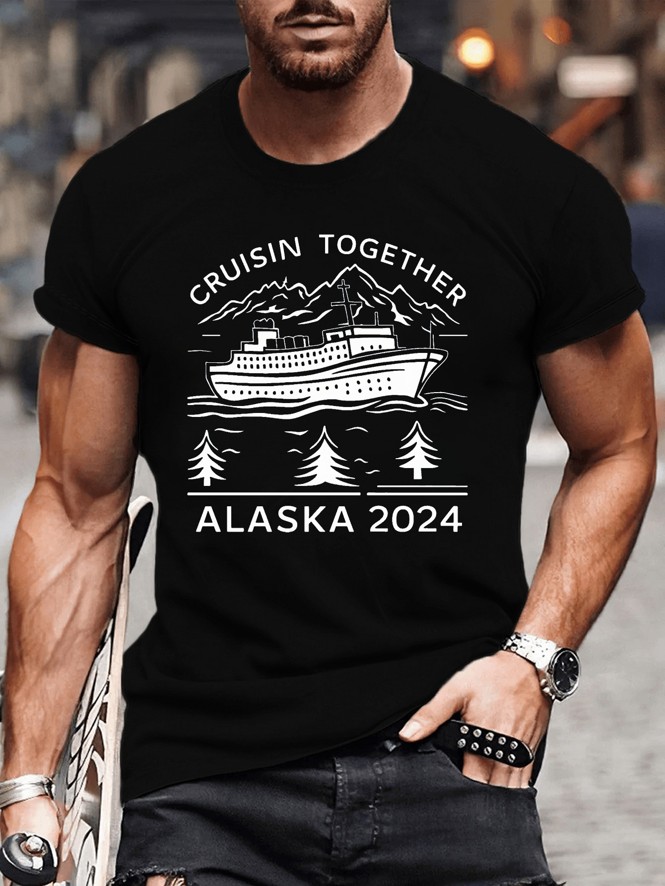 Men's Graphic T-Shirt Cruisin Together Alaska 2024 With Scenic Mountains Tall Trees And Cruise Ship