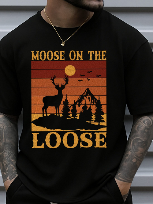 Men's Graphic T-Shirt Moose On The Loose Retro Sunset With Pine Trees And Mountain Moose