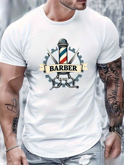 Men's Graphic T-Shirt Classic Barbershop Tools With Banner And Vintage Pole Barber