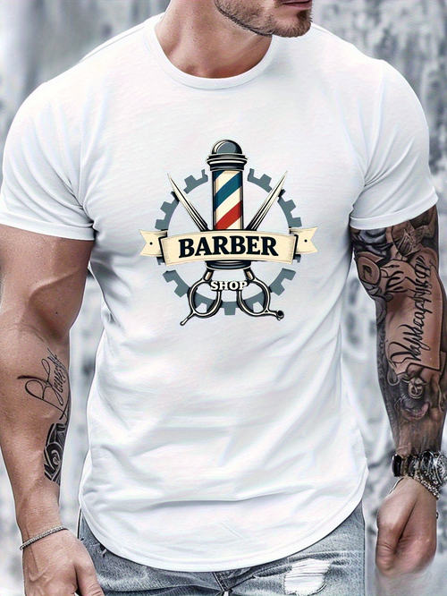 Men's Graphic T-Shirt Classic Barbershop Tools With Banner And Vintage Pole Barber